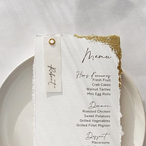 Menu weselne z folii, w zestawie winietka, ręcznie naddarte krawędzie, imitacja zdobienia krawędzi, menu weselne, ręcznie naddarte, karta pergaminowa, drukowane menu, złote oczko