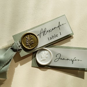 Sage Green Wedding Place Cards: Vellum Name Cards with Wax Seal & Ribbon