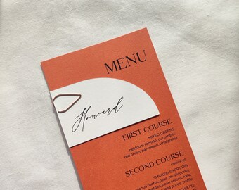 Burnt Orange Wedding Menu: Arch Place Card, Modern Print, terracotta