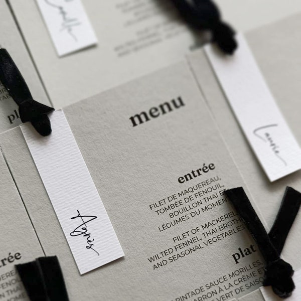 Gray Menu, Place card Menu, Elegant Menu Card, Velvet Ribbon Menu Card, Printed menu card, Place Cards included, Wedding Menu, velvet ribbon