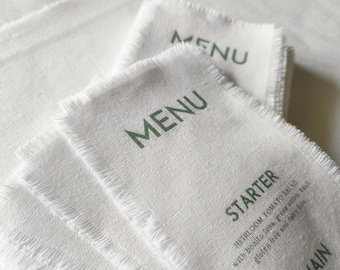 Printed Fabric Wedding Menu: Sage Green, Frayed Edge Cotton