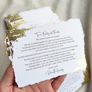 Carte de remerciement en feuille d'or, carte de remerciement de mariage, carte de remerciement imprimée, bords déchirés à la main, carte TY de mariage, carte de bienvenue/remerciement en feuille d'or