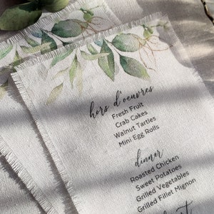 Menù in tessuto, Menù in tessuto per matrimonio, Menù in eucalipto, Menù per matrimonio rustico, Menù stampati su cotone, Menù in cotone, Menù stampati su tessuto, Menù minimal