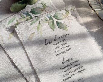 Fabric Menu, Wedding fabric menus, Eucalyptus menu, Rustic wedding, Menus printed on cotton, Cotton menu, fabric printed menus, minimal