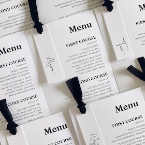 Elegantes Hochzeitsmenü, Samtband-Menü, Tischkarten-Menü, Minimalistisches Menü, Samtband-Menükarte, gedruckte Menükarte, Tischkarten enthalten