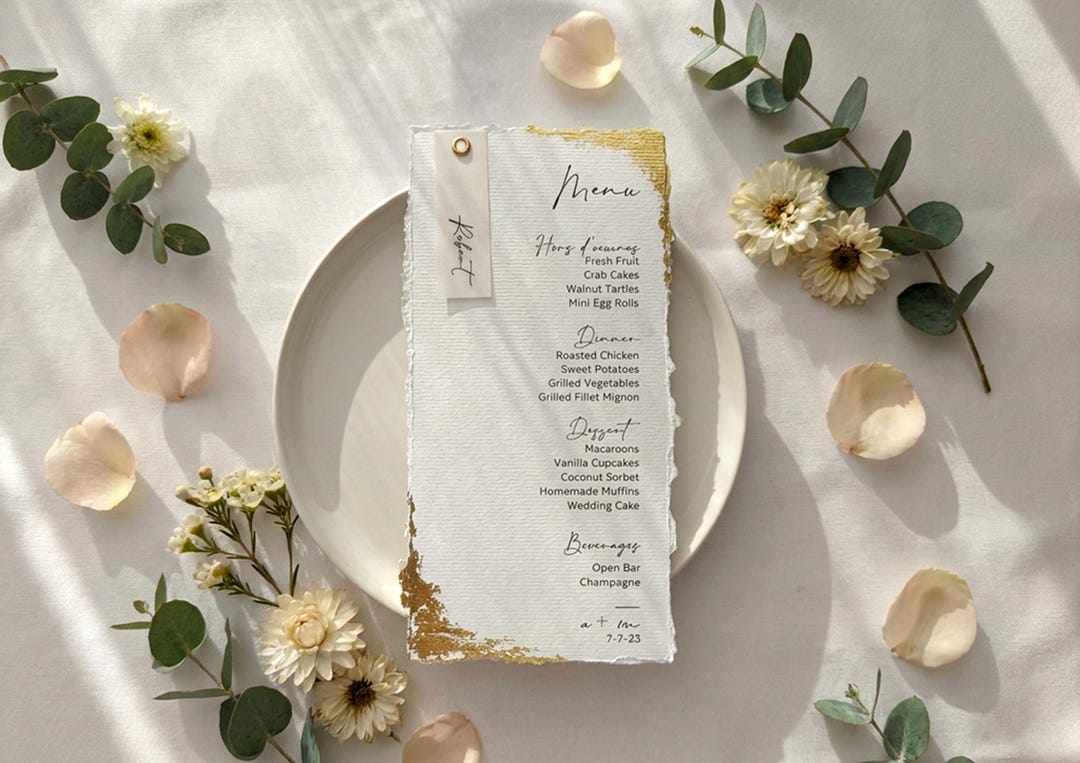 Gold Foil Wedding Menu With Name Cards, Hand-torn Deckled Edge, Gold ...