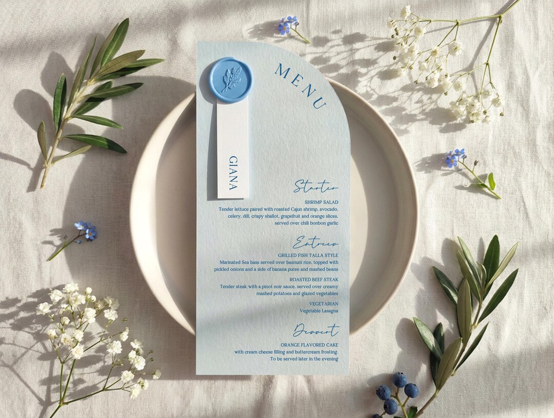 Menu In Blue Blue Wedding Menu, Half Arch Light Blue Menus With Wax Seal and Place ...
