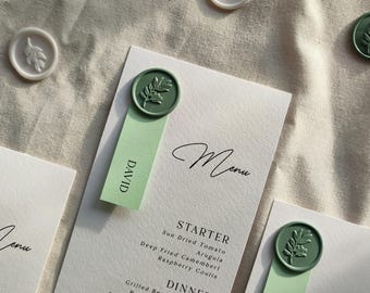 Sage green Menus, Wax seal Wedding Menu, Elegant white menu card with names