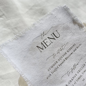 Menù in tessuto, Menù in tessuto per matrimonio, Cotone bianco, Menù moderno, Menù per matrimonio rustico, Menù stampati su cotone, Cotone, Menù stampati su tessuto