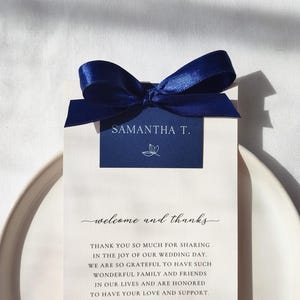 Tarjeta de agradecimiento, azul marino, cinta, tarjeta de lugar azul marino, tarjeta de agradecimiento con nombres, cinta, tarjeta de agradecimiento, agradecimiento de boda, marfil o blanco
