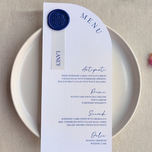 Menu Half Arch, menu blu navy, menu con sigillo in ceralacca, segnaposto inclusi, menu per matrimonio ad arco stampato, menu per matrimonio, menu minimalista, menu blu navy