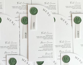 Arch Wedding Menu, Green Wax Seal, Vellum Place Cards, half arched menus