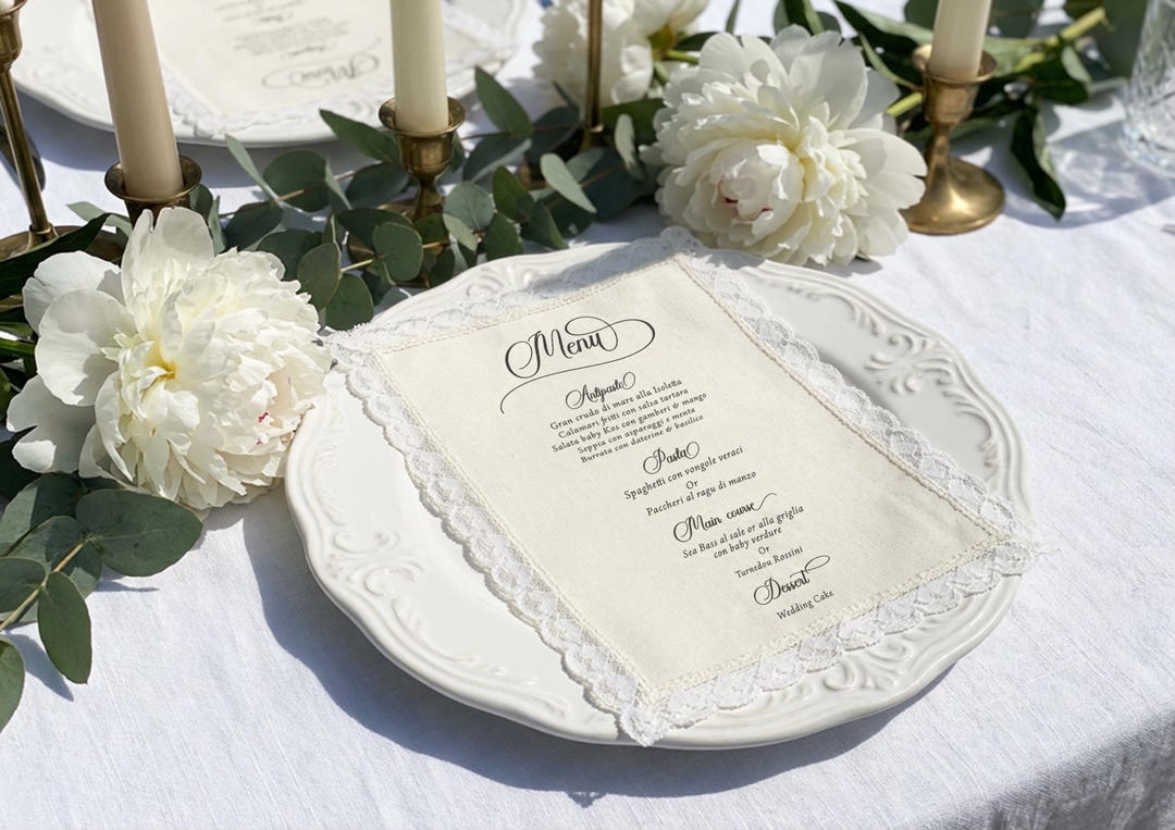 Lace Fabric Menu, Ivory Laced Trim Wedding Menus With Hearts Trim - Etsy