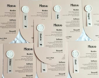 Neutral Wedding Menu, Cream Menus with Wax Seal & Vellum Guest Names Place Card