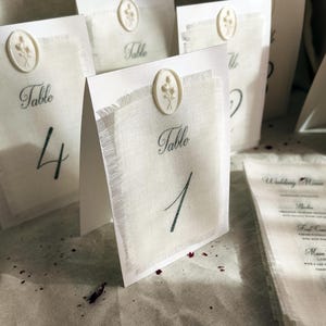 Linen table numbers with Wax seal, Fabric Table Numbers, Natural table numbers, linen table cards, printed linen table numbers with wax seal