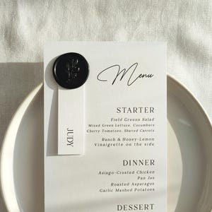 Menú con sello de cera, menú en blanco y negro, menú de boda con sello de cera, tarjetas de lugar incluidas, menú elegante, menú de boda, impreso, menú con tarjeta de nombre