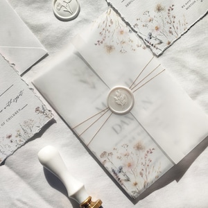 Wildflower Wedding Invitation, Soft colors, Hand torn edges, Minimalist wedding invitation, wax seal invitation
