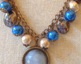 vintage blue glass cabochon statement necklace with glass pearls