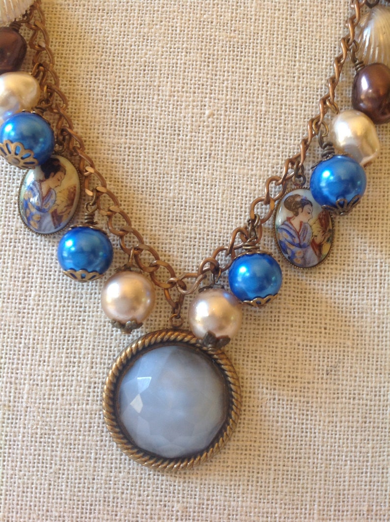 vintage blue glass cabochon statement necklace with glass pearls