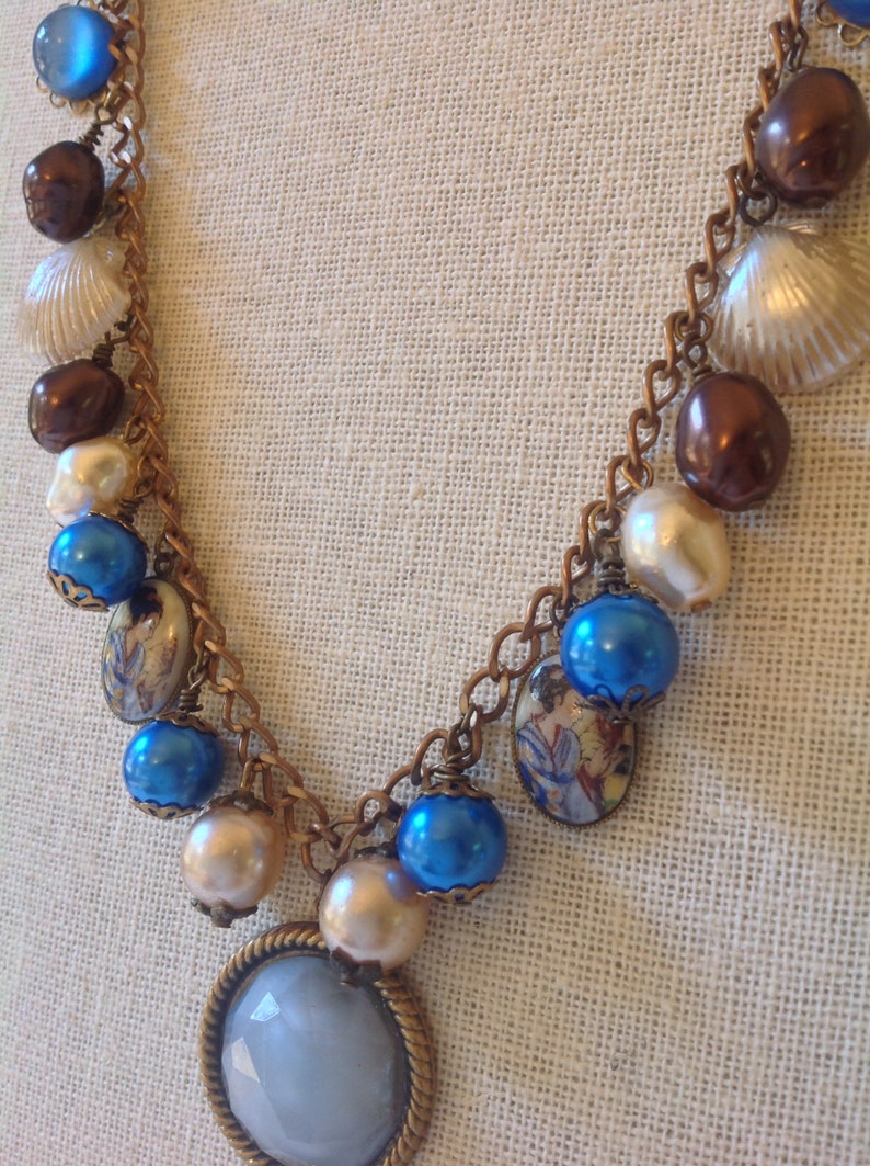 vintage blue glass cabochon statement necklace with glass pearls