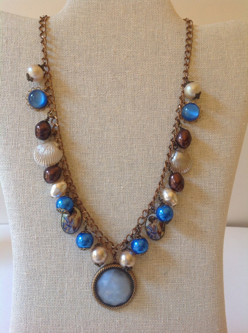 vintage blue glass cabochon statement necklace with glass pearls