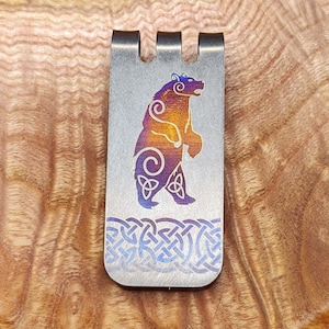 Titanium Celtic Bear Money Clip: Anodized Iridescent Card Holder