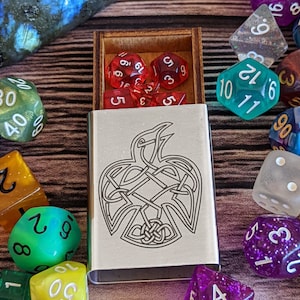 Pocket Travel D&D Dice Set In Celtic Raven Stainless Steel Matchbox - Dungeons and Dragons - Pathfinder