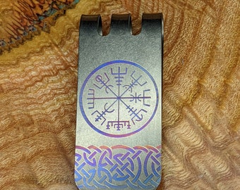 Titanium Vegvisir Money Clip - ID holder, card clip, minimalist wallet, Viking Compass, Titanium EDC