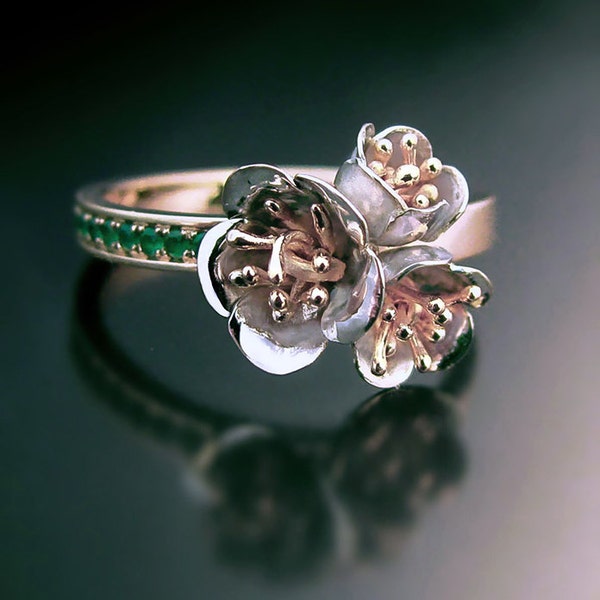 Gold flower ring with natural emerald gemstones , white and rose gold , 14  k gold, handmade