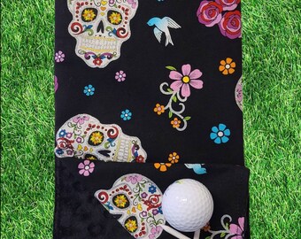 Golf Towel - Absorbent & Fast Drying - Easily Shake Off Sand/Grass/Dirt, Sugar Skull Golf Towel, Glittery Golf Towel, Ladies Golf Towel