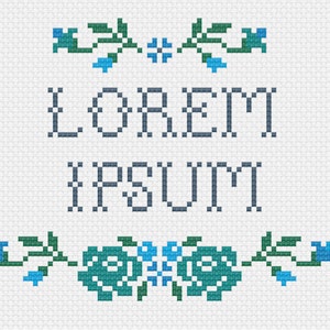 Puede incluir: Patrón de punto de cruz con flores azules y hojas verdes, con el texto "LOREM IPSUM" en una fuente azul oscura.