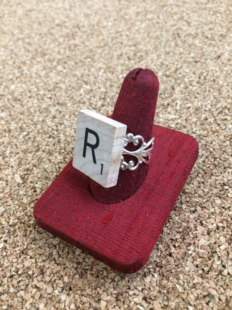Pick Your Letter Wood Tile Filigree Adjustable Ring