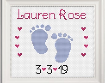 PDF Customizable Baby Feet Birth Announcement Cross Stitch Downloadable Digital Pattern