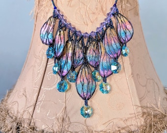 Butterfly Wing Crystal Bib Statement Necklace for Women, Whimsical Dragonfly Polymer Clay Jewelry. Faerie Wing Costume Wearable Art