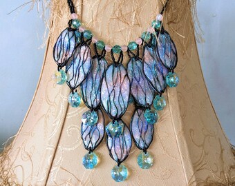 Butterfly Wing Crystal Bib Statement Necklace for Women, Whimsical Dragonfly Polymer Clay Jewelry. Faerie Wing Costume Wearable Art