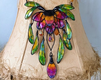 bib necklace online Lotus Flower Bib Statement Necklace for Women, Polymer Clay Bright Floral Jewelry, Tiffany Art Deco Stained Glass Design Art to Wear
