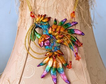 Colorful Phoenix Polymer Clay Pendant, Fantasy Festival Jewelry