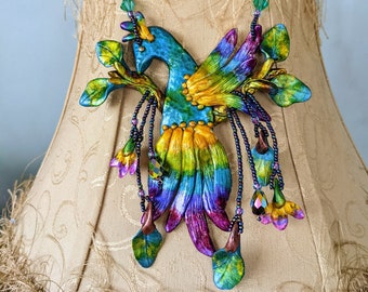 Unique Bird Bib Statement Necklace for Women, Polymer Clay Peacock Jewelry for Nature Lovers, Woodland Fairy Jewelry for Festival Costume