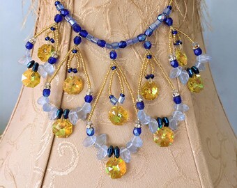 Regal Blue Gold Swarovski Crystal Necklace for Women, Unusual Hand Beaded Crystal Costume Jewelry for Her, Unique Renaissance Jewelry
