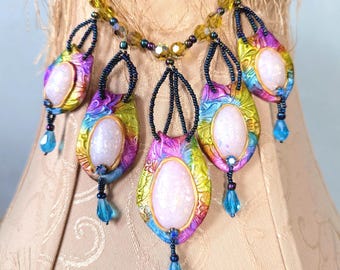 Edwardian Style Jewel Toned Choker Necklace, Polymer Clay Statement Jewelry, Renaissance Festival Costume Accessory