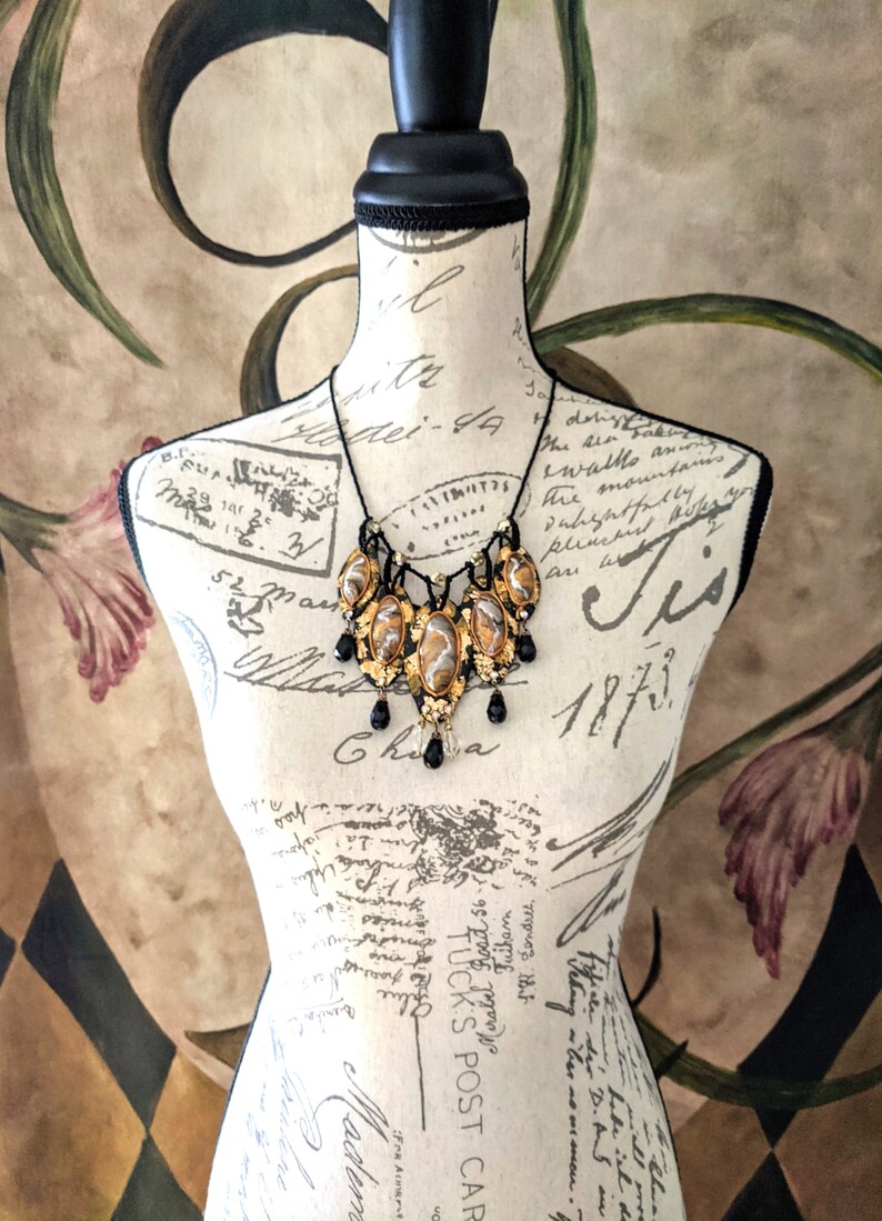 Gold Foil Polymer Clay Jewelry for Her Renaissance Costume Wear Glamorous Black and Gold Hand Beaded Bib Statement Necklace for Women