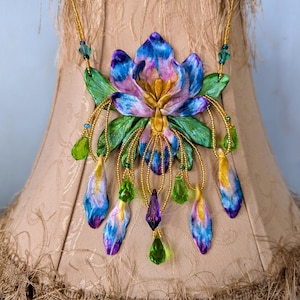 Cobalt Blue Purple Iris Statement Necklace for Women, Floral Polymer Clay Jewelry, Wearable Flower Art, Botanical Jewellery for Nature Lover