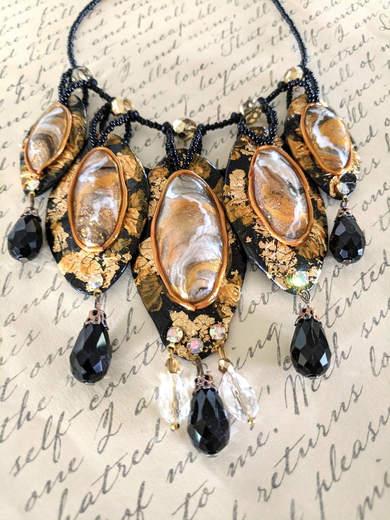 Gold Foil Polymer Clay Jewelry for Her Renaissance Costume Wear Glamorous Black and Gold Hand Beaded Bib Statement Necklace for Women