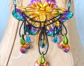 Handcrafted Polymer Clay Luna Moth Pendant Necklace, Nature Butterfly Crystal Jewelry