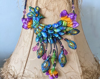 Rhinestone Peacock Flower Statement Bib Necklace for Women, Teal Purple Polymer Clay Flower Bird Jewelry, Wearable Art Costume Fashion