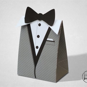 Black Tie Party Gift Box, Grey Tuxedo Bond Theme, Printable Download Favor Box / Loot Bag