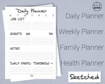 Planner Bundle "Sketched" - Daily, Weekly, Health and Family Planner with todo list, chores, meal plan and more