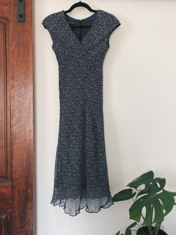 Pure Silk Navy Floral Dress Cut on the Bias - Vint