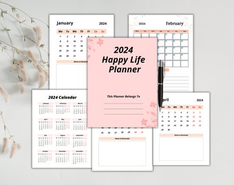 Happy Life Planner Template Ultimate Collection, Printable Planner Set, Daily Weekly Monthly 2024 Bundle, Editable Personal Life Planner.
