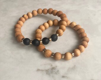 The Zoey  |  Wood Bead Bracelet Stack | gold and black accent beads | essential oil diffuser bracelet